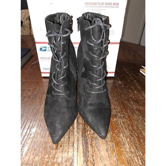 Size 7 ASOS Black Lace Up Zip Chunky High Heel Ankle Boots Booties Pointed Toe - Picture 6 of 10